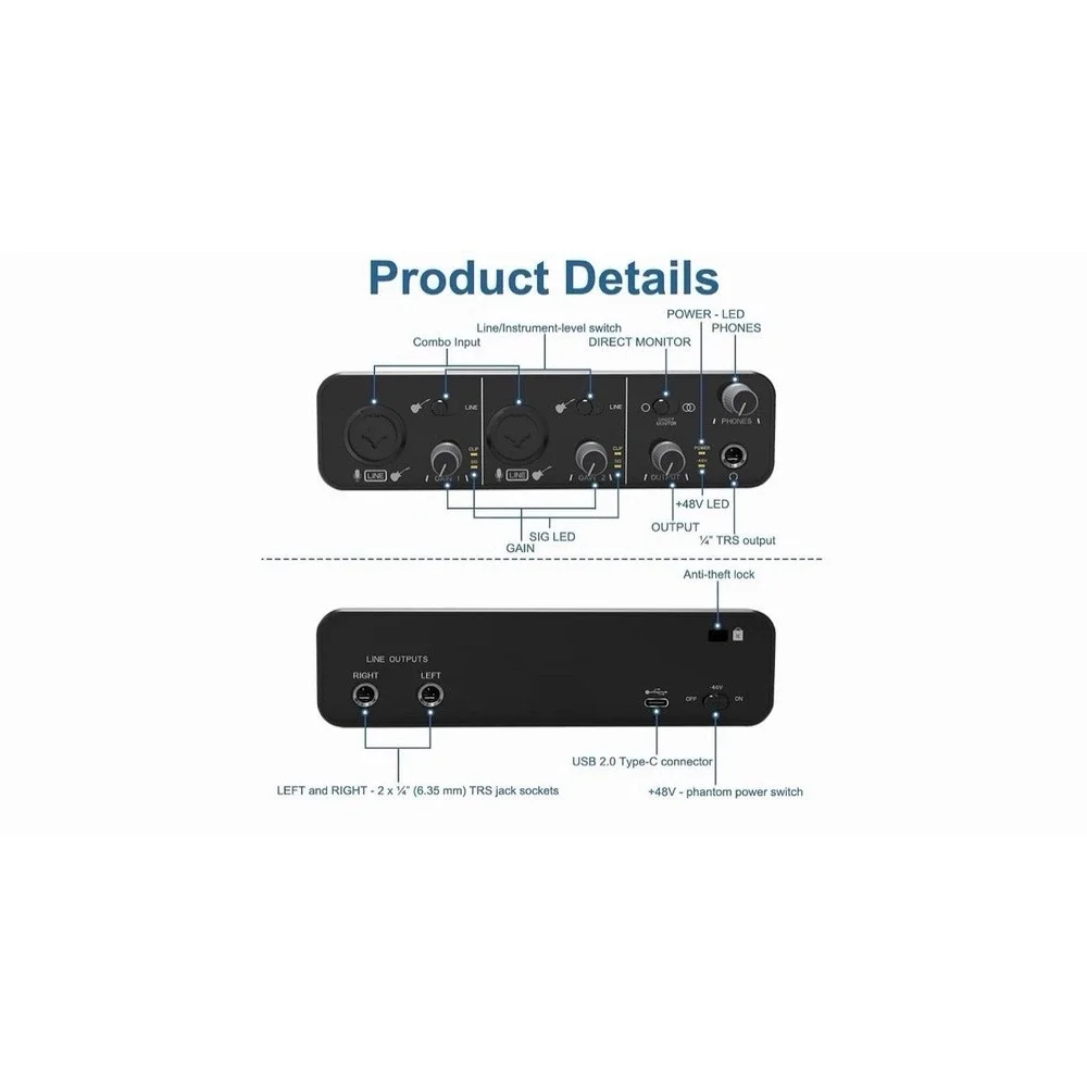 24Bit/192kHz USB Audio Interface with 48V Phantom Power - Studio Recording for M